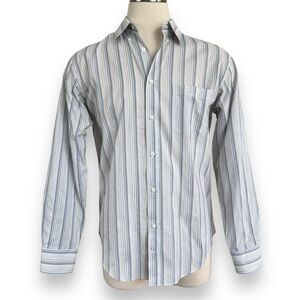 NWOT Men’s Button Down Dress Shirt White with Blue and Tan Stripes